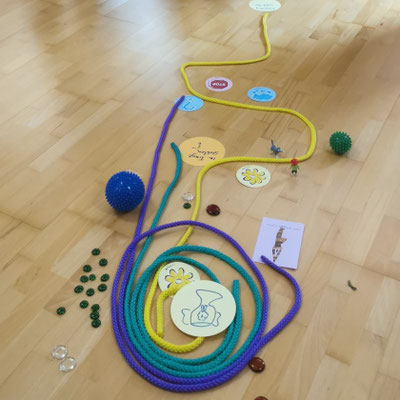 Auf dem Boden ist ein Lebensweg aus Symbolen gelegt.